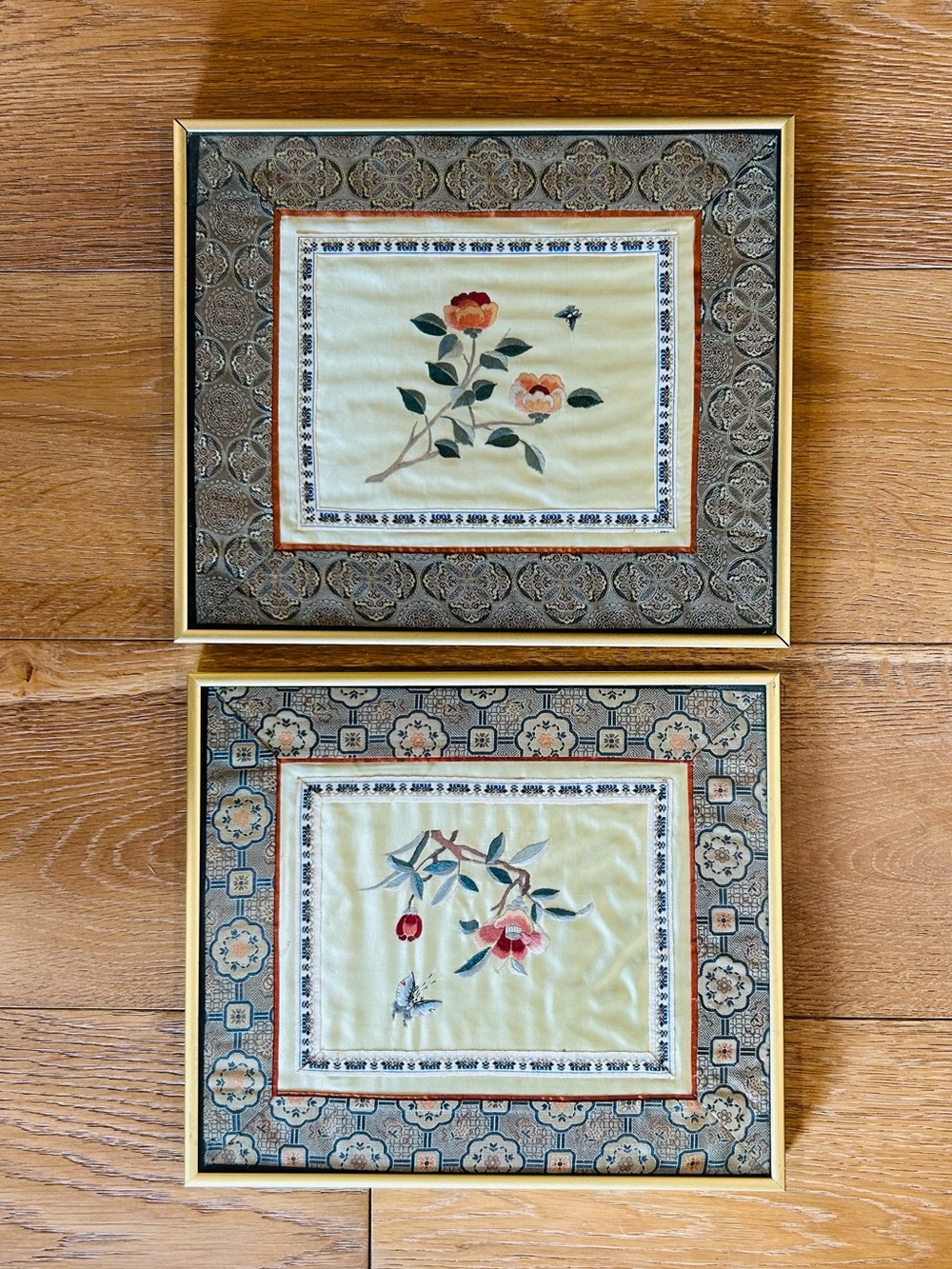 Vintage Asian silk embroidered Art Set with Gold Frames.